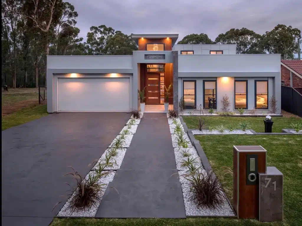 View from the front of a new modern home with double garage